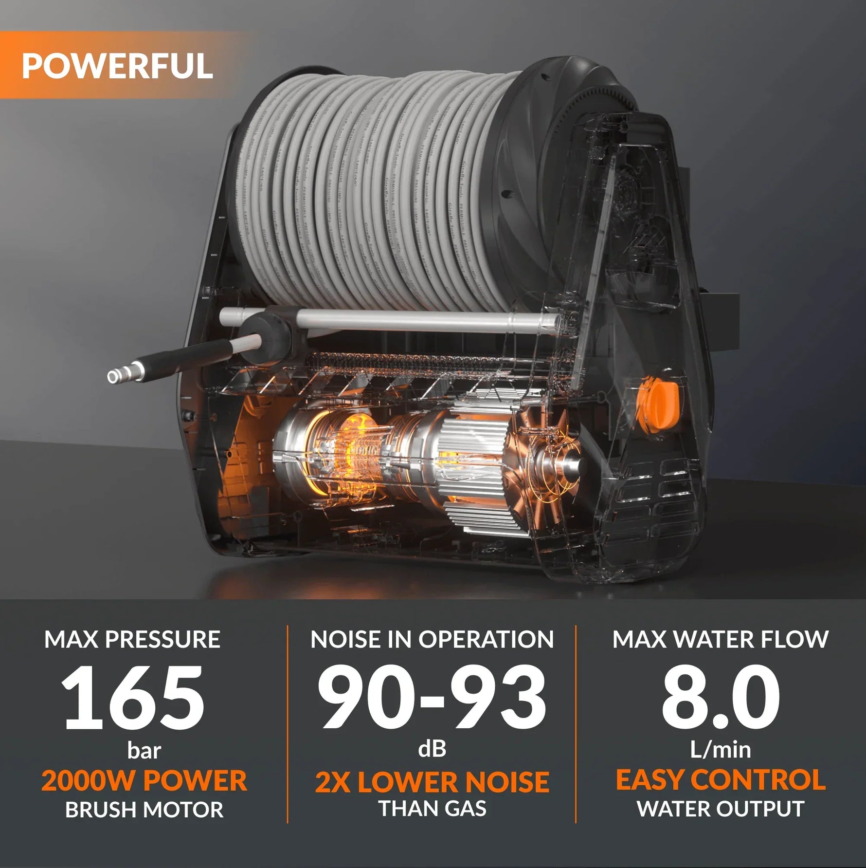 HydroWall Pro — "The wall-mounted pressure washer that stores itself: 30m reach, zero clutter."