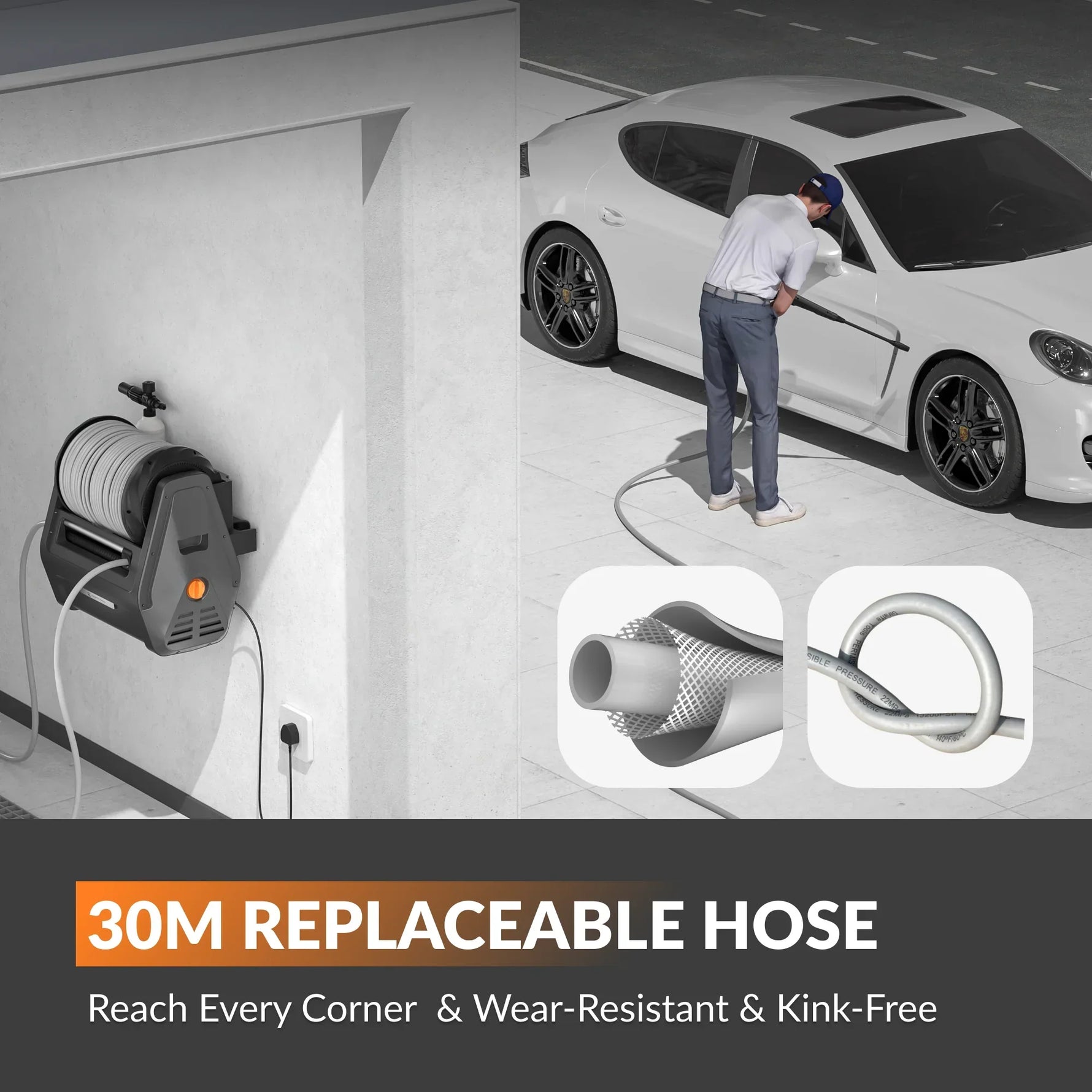 HydroWall Pro — "The wall-mounted pressure washer that stores itself: 30m reach, zero clutter."