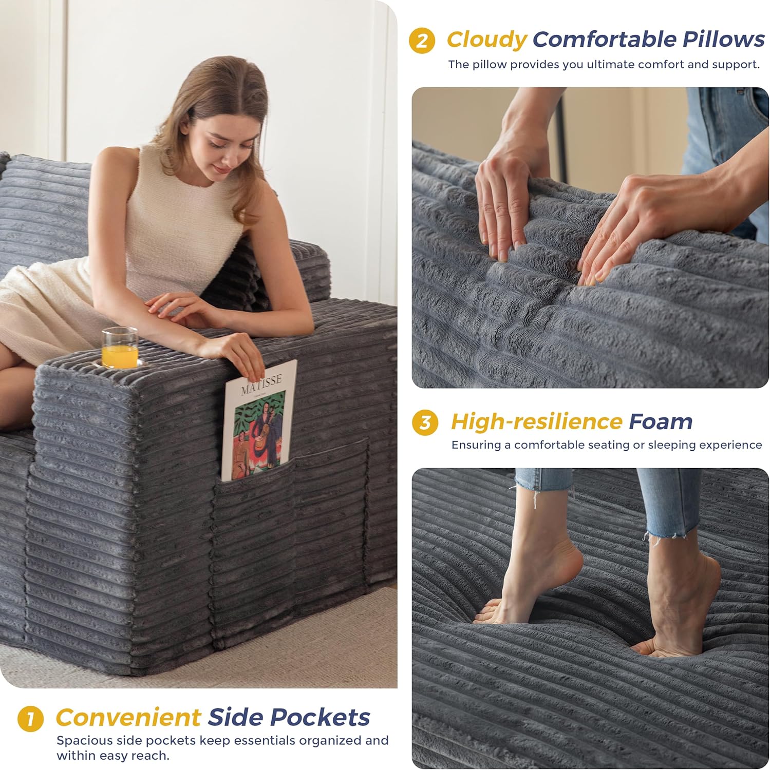 NestSofa Pro “The L-shaped sofa that fits your space: no assembly, no tools, no hassle.”