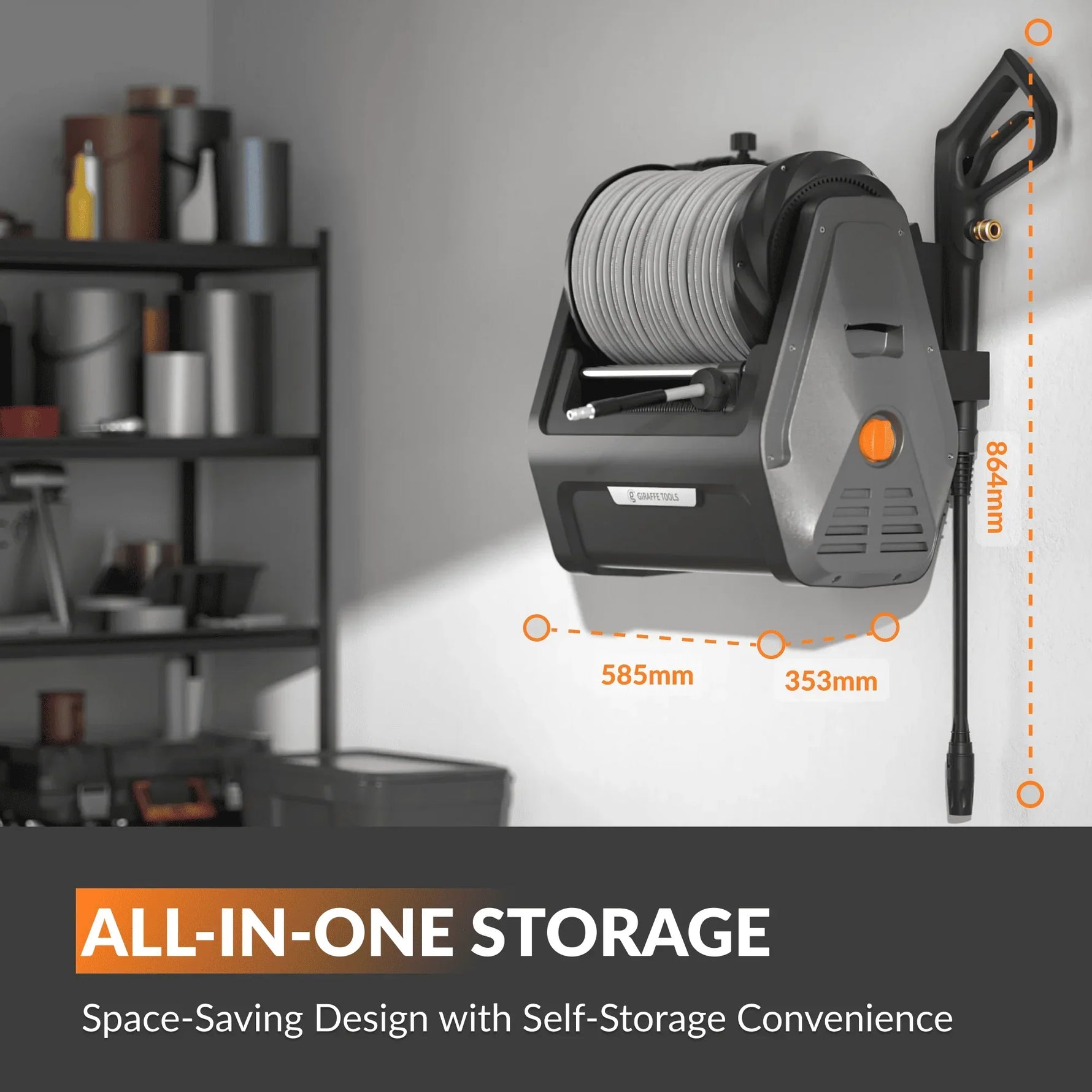 HydroWall Pro — "The wall-mounted pressure washer that stores itself: 30m reach, zero clutter."